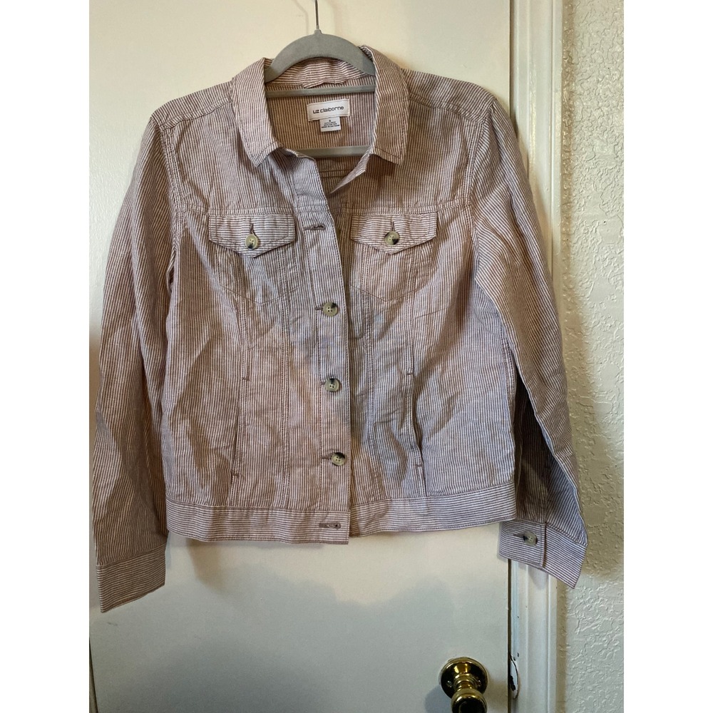 Liz Claiborne Tan White Striped Linen Blend Button Front Trucker Jacket Small